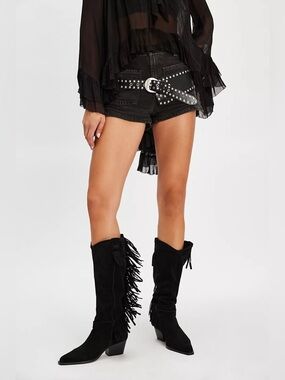 FREE PEOPLE FAITH FRINGE SUEDE WESTERN BOOTS BLACK 8